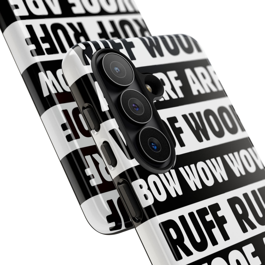 Law of the Paw® Woof Woof phone case with black-and-white WOOF, ARF and BOW WOW lettering, close-up of the camera cutout – Kate Spain design