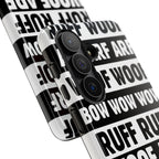 Law of the Paw® Woof Woof phone case with black-and-white WOOF, ARF and BOW WOW lettering, close-up of the camera cutout – Kate Spain design