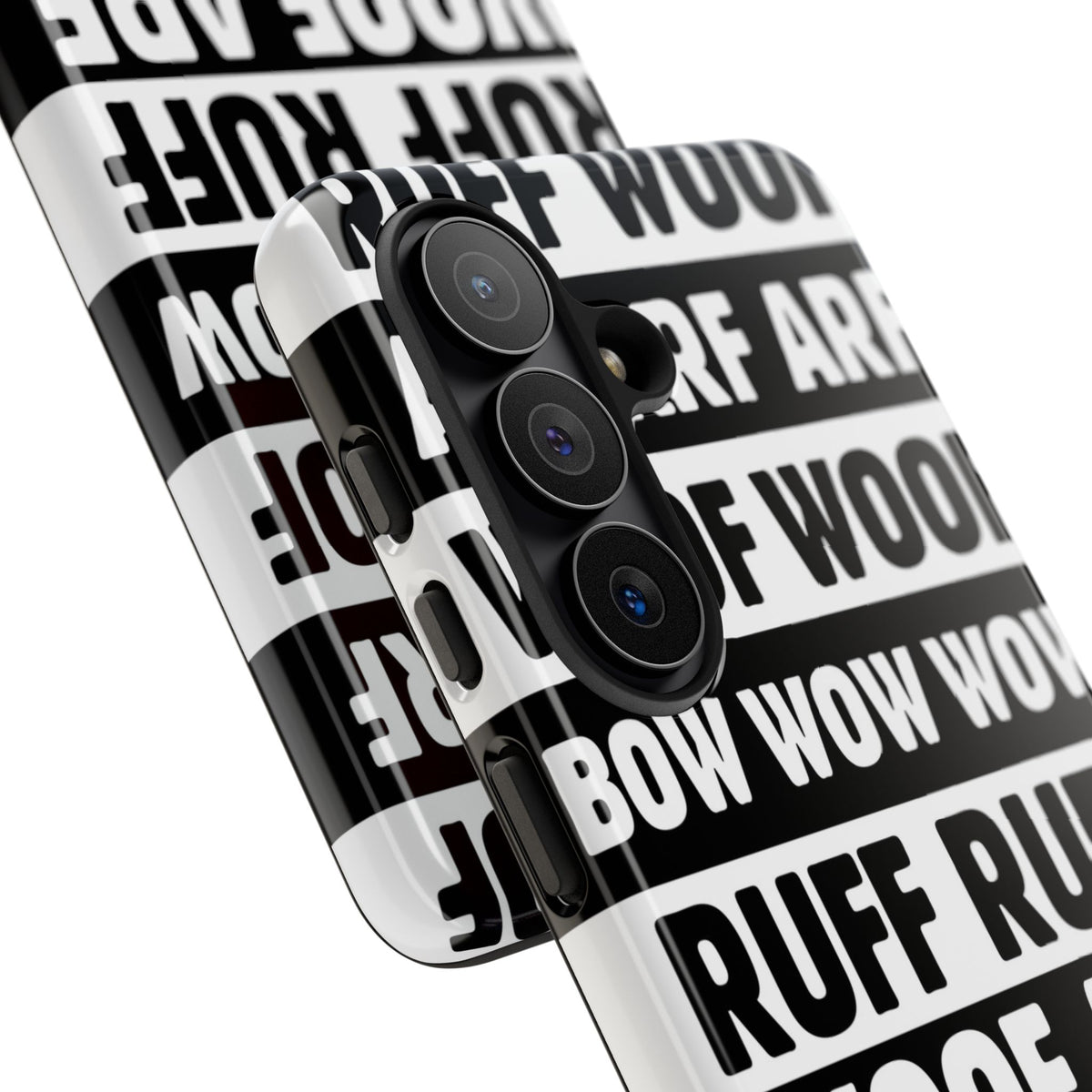 Law of the Paw® Woof Woof phone case with black-and-white WOOF, ARF and BOW WOW lettering, close-up of the camera cutout – Kate Spain design