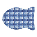 A fish-shaped mouse pad featuring a repeating blue and white fish pattern, shown on a plain white background.