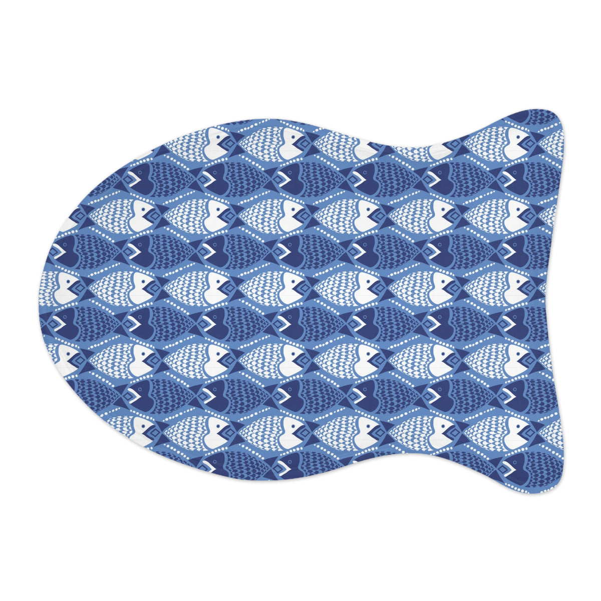 A fish-shaped mouse pad featuring a repeating blue and white fish pattern, shown on a plain white background.