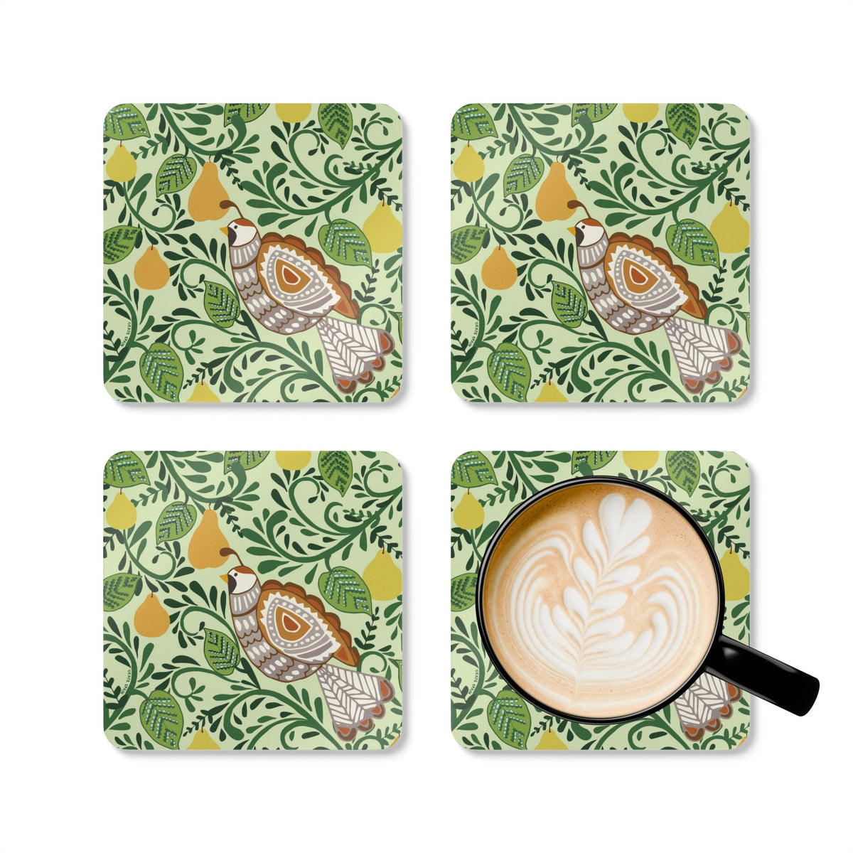 Partridge cork-backed coaster set of four, folk-art partridge among golden pears and patterned leaves on sage green, four coasters with a latte mug – Kate Spain design