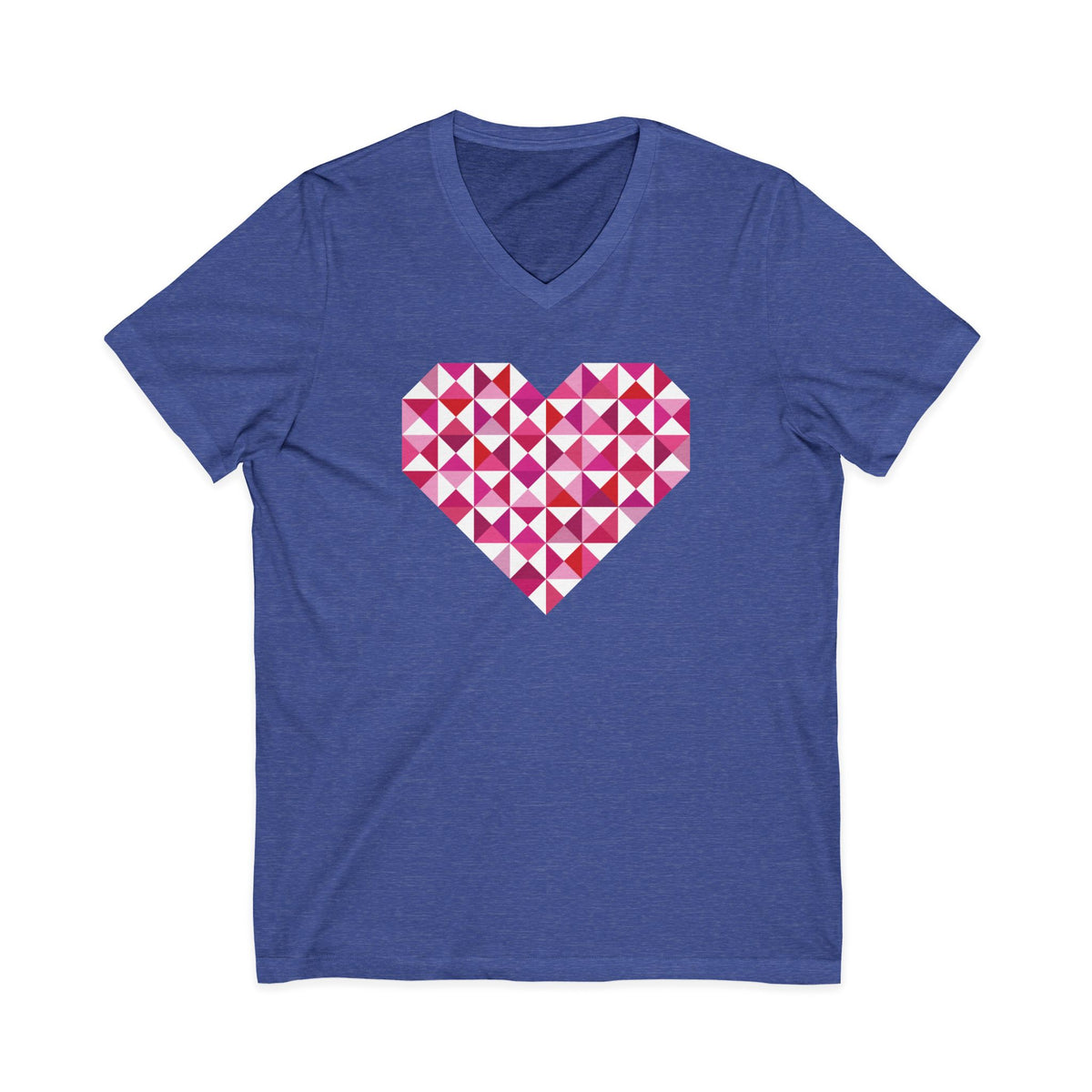 Big Patchwork Love heart pieced from pink half-square triangles on a V-neck t-shirt in heather true royal, front view – Kate Spain design for Pat Sloan
