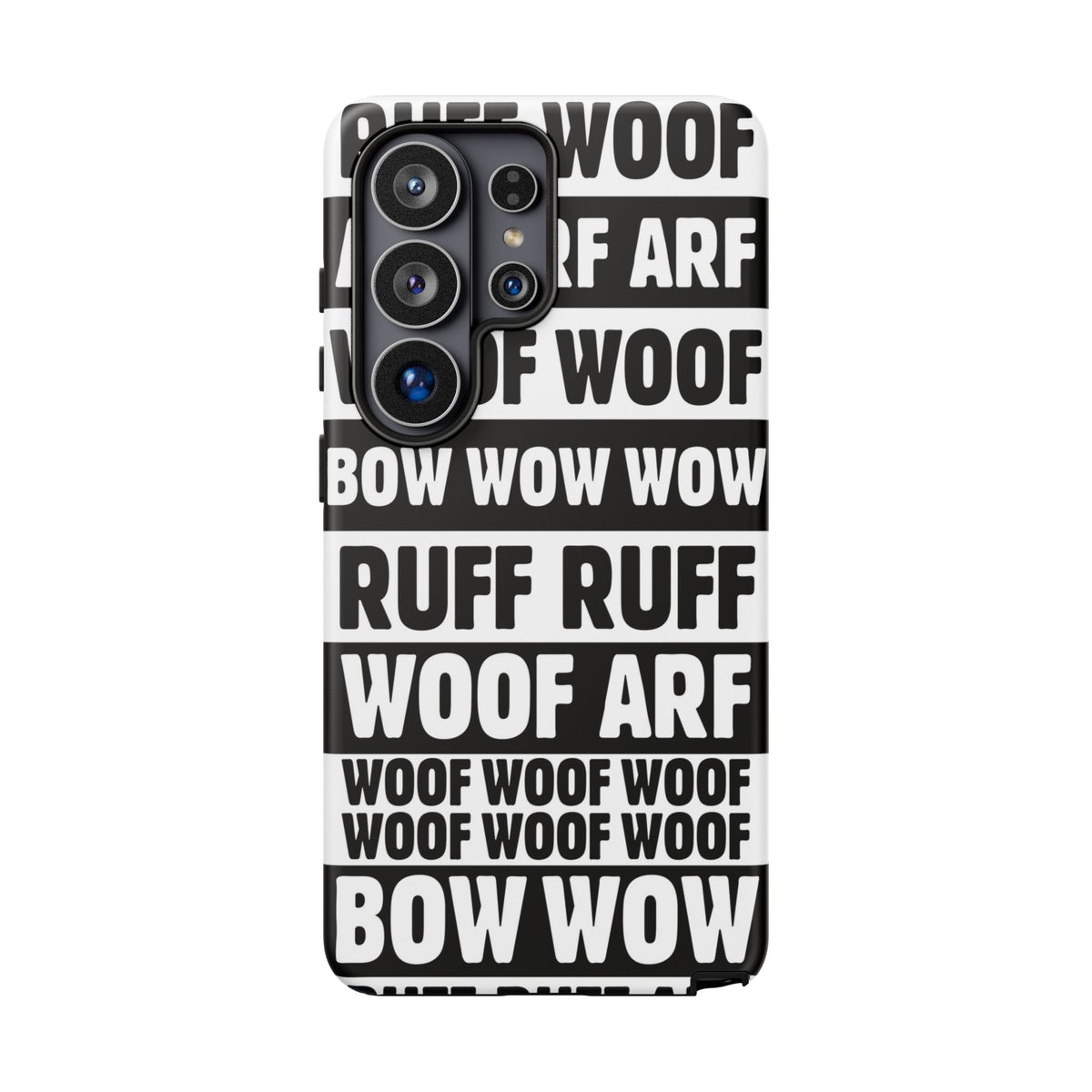 Law of the Paw® Woof Woof phone case with black-and-white WOOF, ARF and BOW WOW lettering for Samsung Galaxy S26 Ultra, matte finish, back view – Kate Spain design