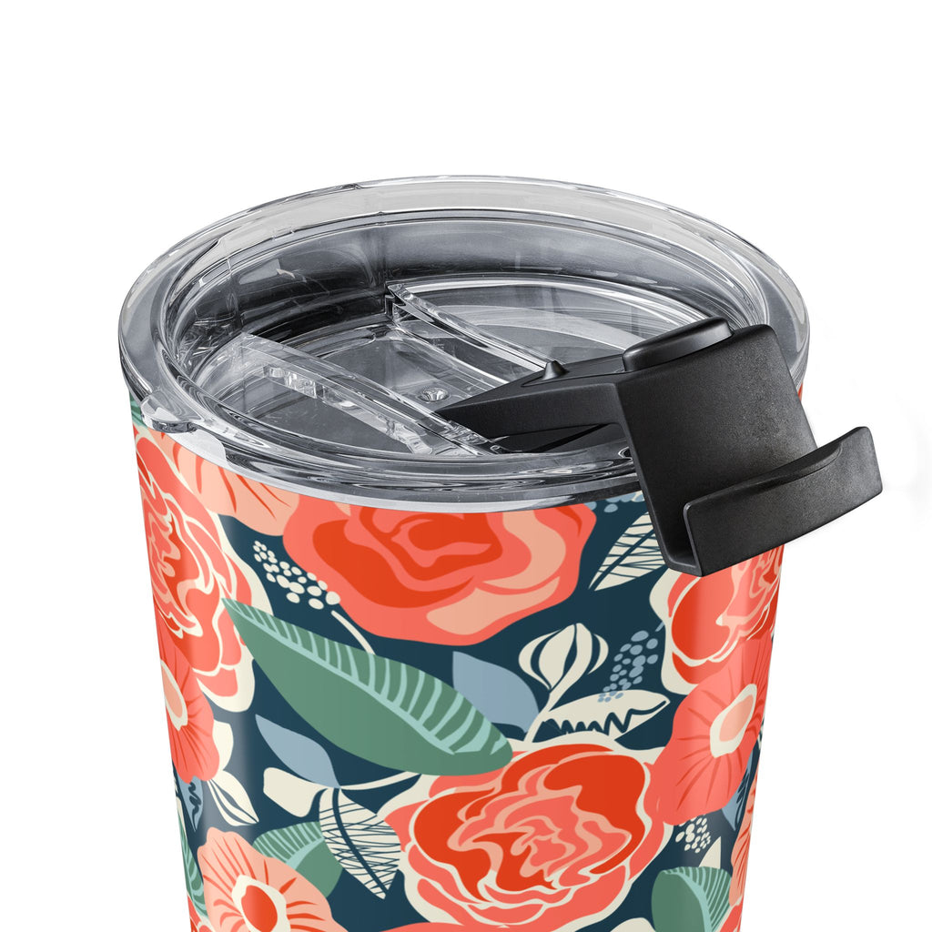 Tea Rose 20 oz insulated stainless steel tumbler, coral roses and green leaves on deep navy, close-up of the lid and flip-top closure – Kate Spain design