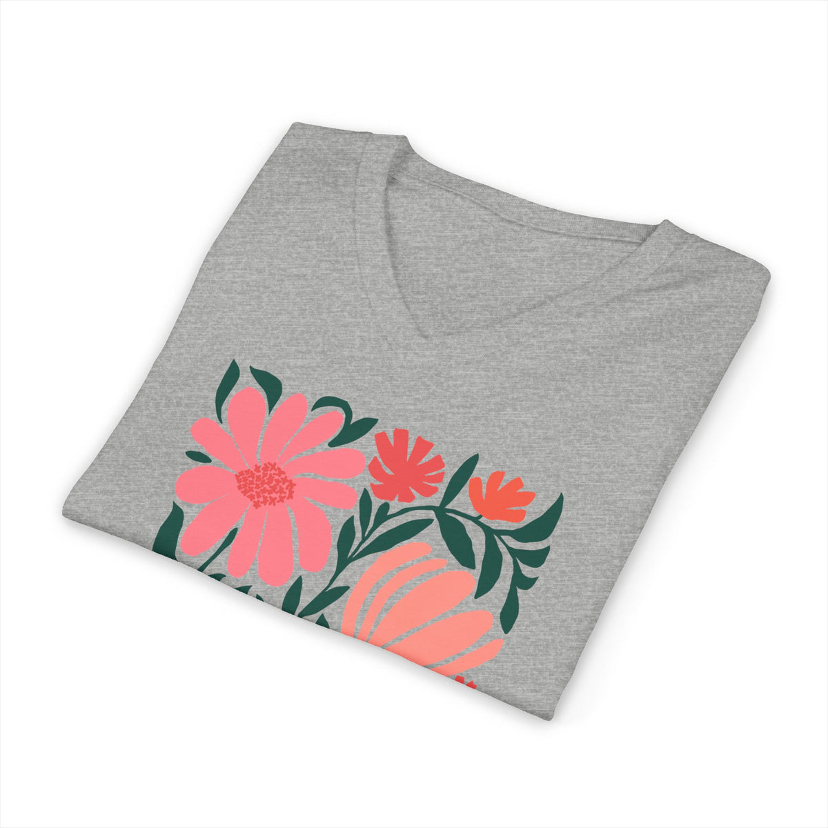 Botanica modern floral design with pink and coral blooms on a V-neck t-shirt in athletic heather grey, folded close-up of the design – Kate Spain design