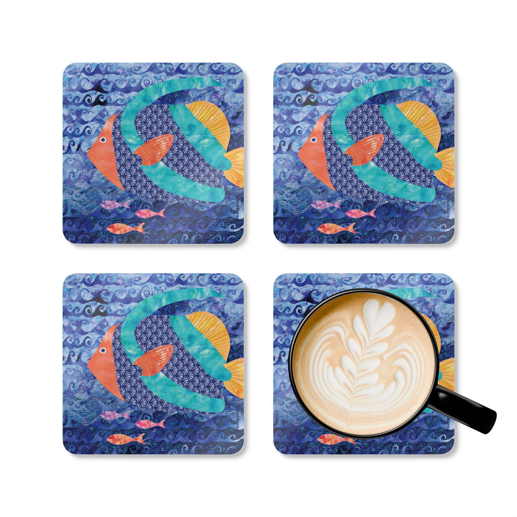 Oceana Fish cork-backed coaster set of four, teal, orange and gold tropical fish on swirling blue waves, four coasters with a latte mug – Kate Spain design