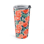 Tea Rose 20 oz insulated stainless steel tumbler, coral roses and green leaves on deep navy, side view – Kate Spain design