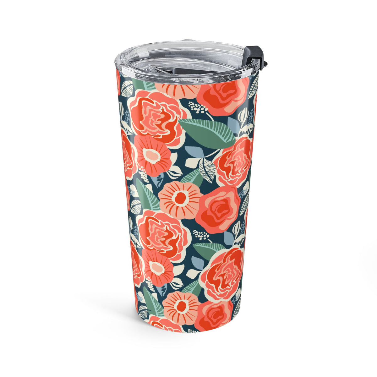 Tea Rose 20 oz insulated stainless steel tumbler, coral roses and green leaves on deep navy, side view – Kate Spain design