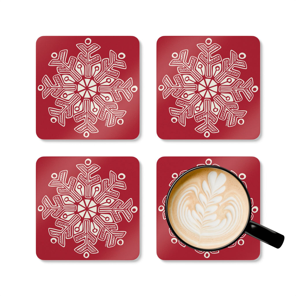 Scandinavian Snow cork-backed coaster set of four, oversized cream snowflake on holiday red, four coasters with a latte mug – Kate Spain design