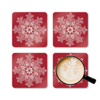 Scandinavian Snow cork-backed coaster set of four, oversized cream snowflake on holiday red, four coasters with a latte mug – Kate Spain design