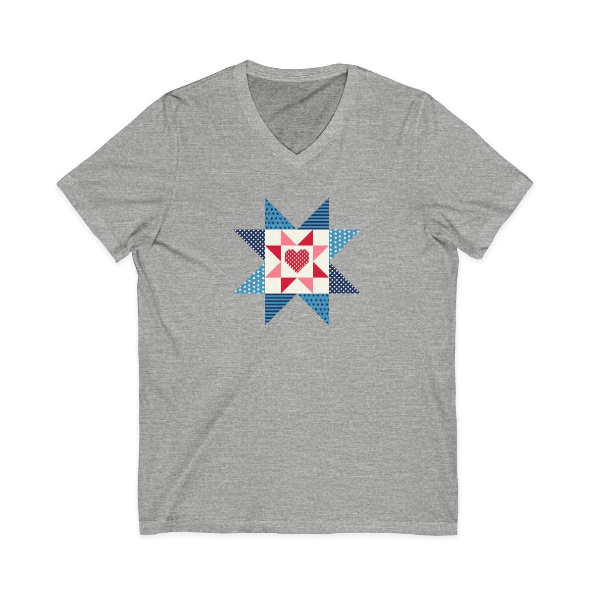 Liberty Love star quilt block with a heart in red, white and blue on a V-neck t-shirt in athletic heather grey, front view – Kate Spain design for Pat Sloan