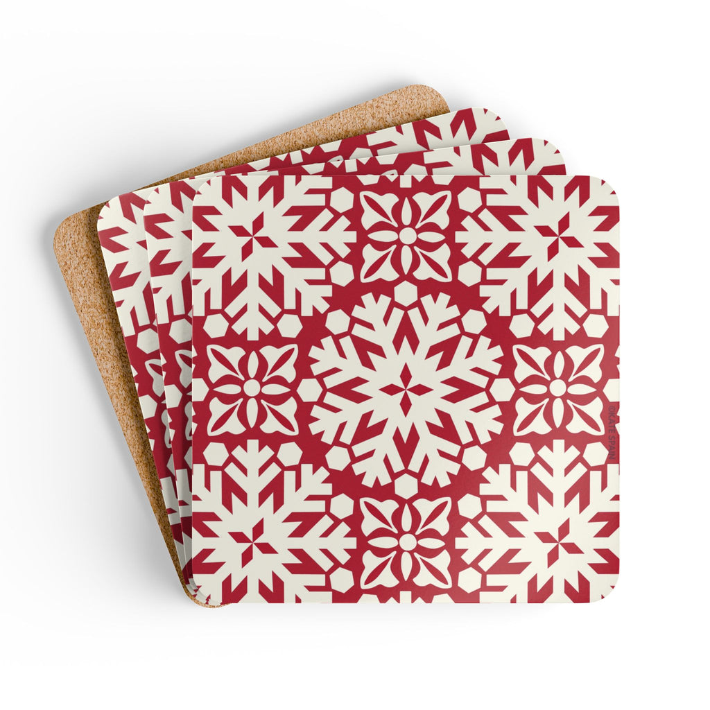 Blizzard cork-backed coaster set of four, red and cream geometric snowflake pattern, coasters fanned out – Kate Spain design