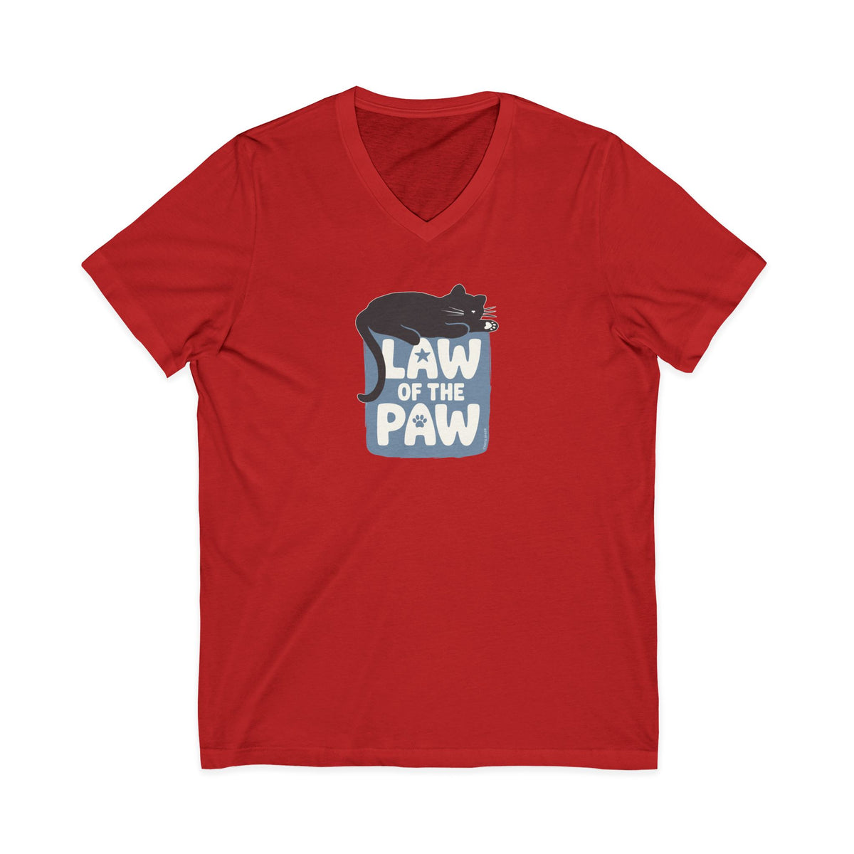 Law of the Paw® design with a cat napping on the logo on a V-neck t-shirt in red, front view – Kate Spain design