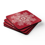 Scandinavian Snow cork-backed coaster set of four, oversized cream snowflake on holiday red, stacked set, angled view – Kate Spain design