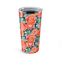 Tea Rose 20 oz insulated stainless steel tumbler, coral roses and green leaves on deep navy, front view with lid – Kate Spain design