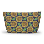 Zip pouch with golden sunflowers and green leaves on navy, white zipper, front view – Kate Spain design