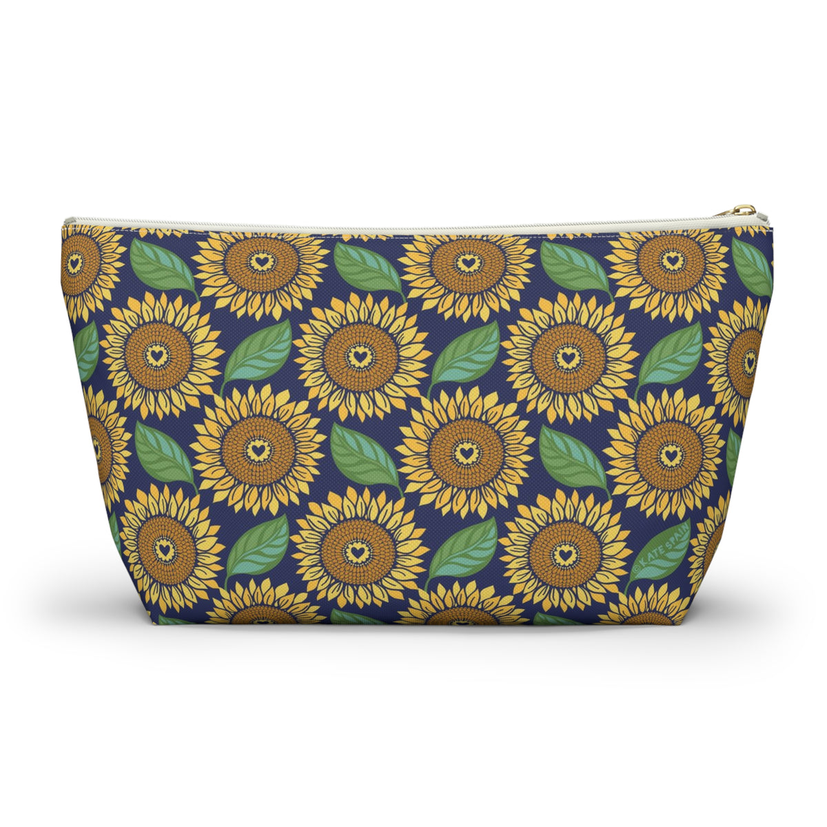 Zip pouch with golden sunflowers and green leaves on navy, white zipper, front view – Kate Spain design