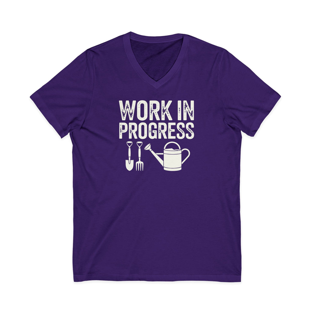Garden Work in Progress distressed lettering with a shovel, pitchfork and watering can on a V-neck t-shirt in purple, front view – Kate Spain design