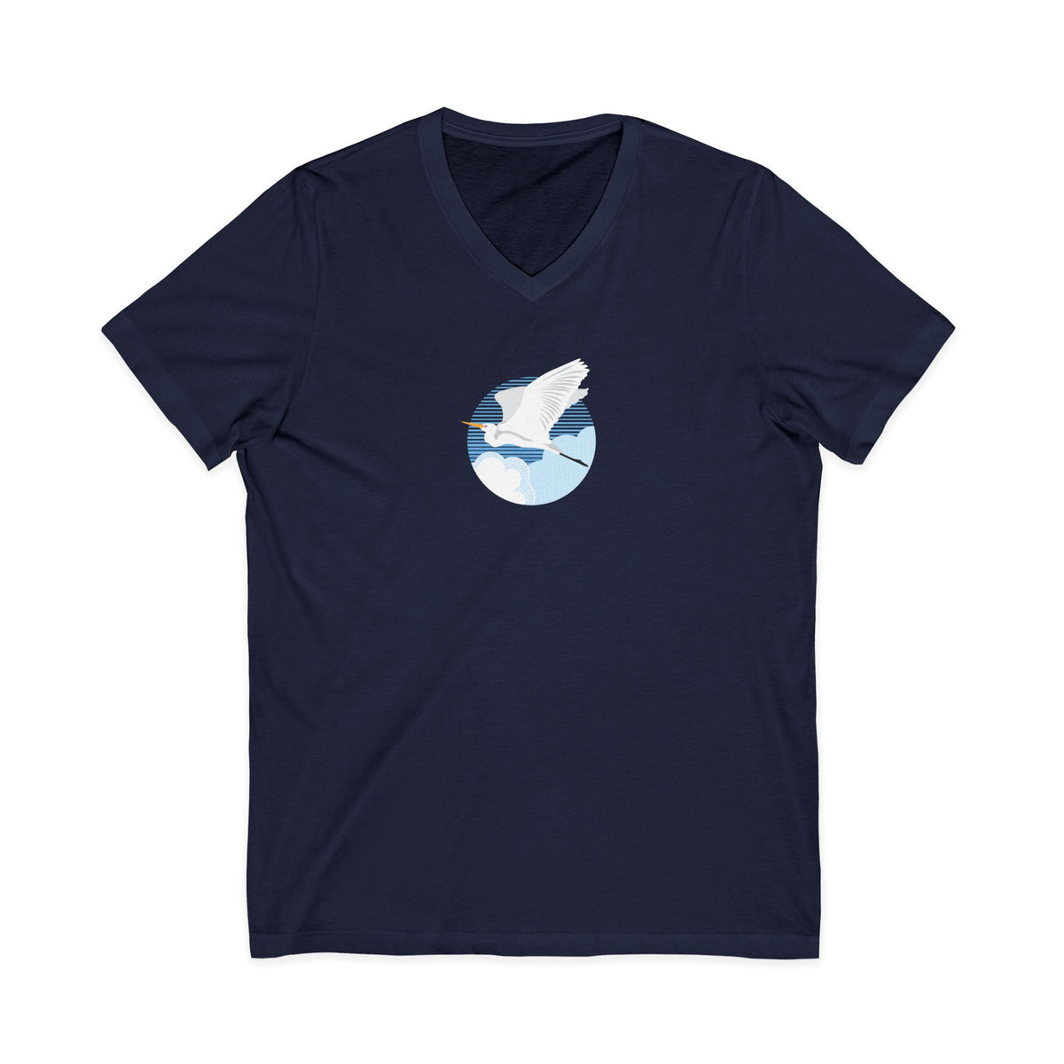 Great egret in flight against a blue circle on a V-neck t-shirt in navy, front view – Kate Spain design