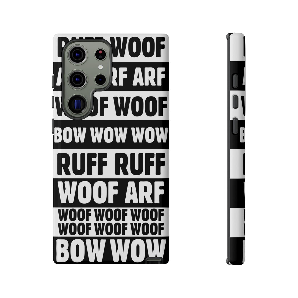 Law of the Paw® Woof Woof phone case with black-and-white WOOF, ARF and BOW WOW lettering for Samsung Galaxy S23 Ultra, glossy finish, back view – Kate Spain design
