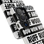Law of the Paw® Woof Woof phone case with black-and-white WOOF, ARF and BOW WOW lettering, close-up of the camera cutout and print – Kate Spain design