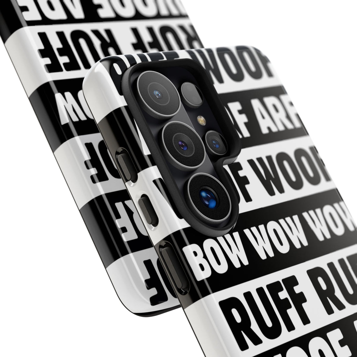 Law of the Paw® Woof Woof phone case with black-and-white WOOF, ARF and BOW WOW lettering, close-up of the camera cutout and print – Kate Spain design