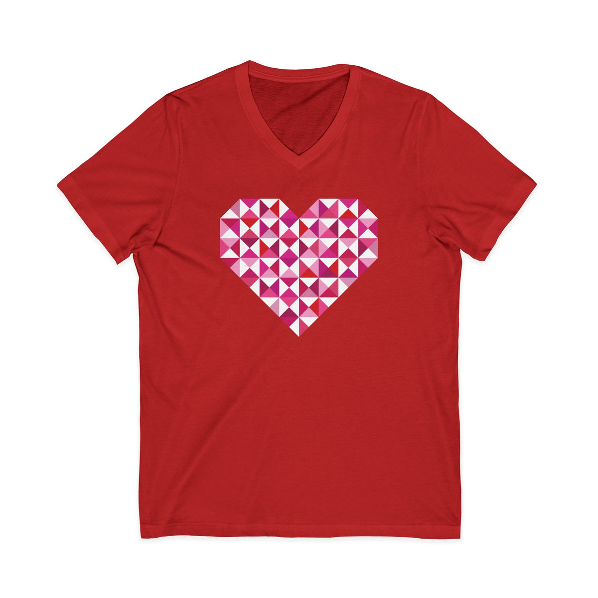 Big Patchwork Love heart pieced from pink half-square triangles on a V-neck t-shirt in red, front view – Kate Spain design for Pat Sloan