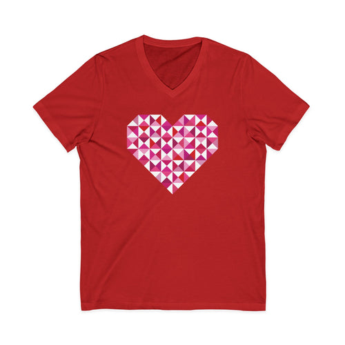 Big Patchwork Love heart pieced from pink half-square triangles on a V-neck t-shirt in red, front view – Kate Spain design for Pat Sloan
