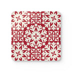 Blizzard cork-backed coaster, red and cream geometric snowflake pattern, single coaster, top view – Kate Spain design