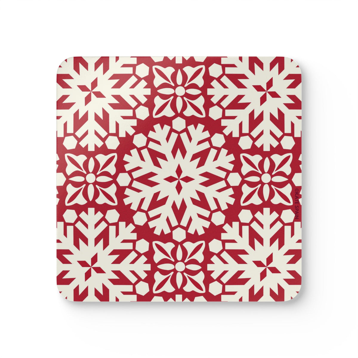 Blizzard cork-backed coaster, red and cream geometric snowflake pattern, single coaster, top view – Kate Spain design