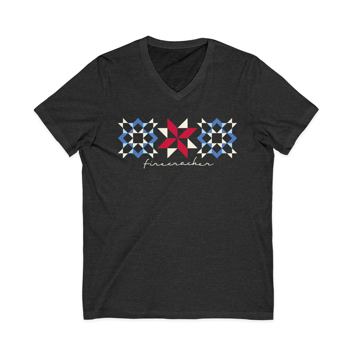 Firecracker quilt-block stars with script lettering in red, white and blue on a V-neck t-shirt in dark grey heather, front view – Kate Spain design for Pat Sloan