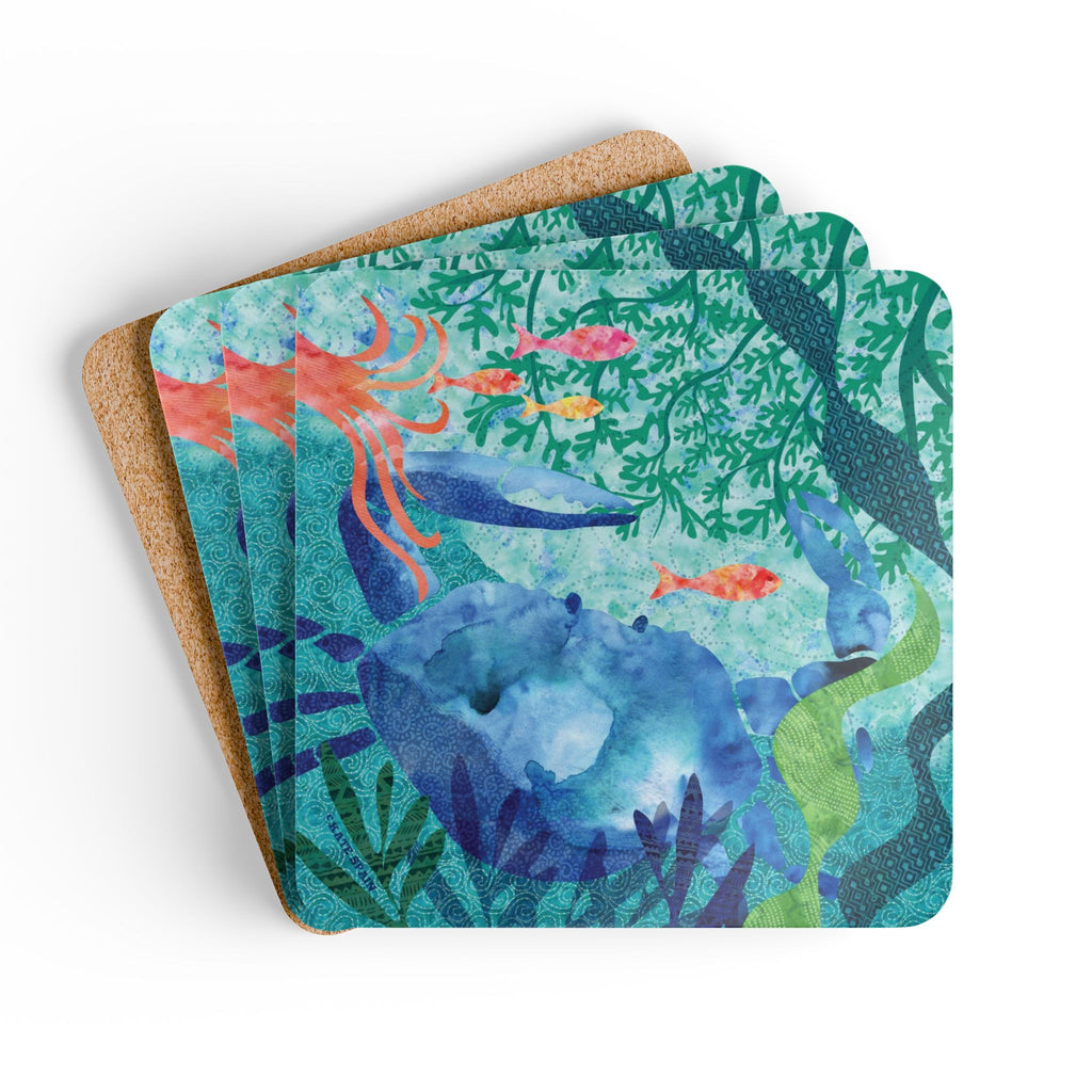 Oceana Crab cork-backed coaster set of four, blue crab among seaweed, coral and tropical fish on teal, coasters fanned out – Kate Spain design