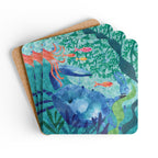 Oceana Crab cork-backed coaster set of four, blue crab among seaweed, coral and tropical fish on teal, coasters fanned out – Kate Spain design