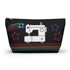 Black zip pouch with the May the ¼" Be With You sewing machine design and stars, front view – Kate Spain design for Pat Sloan