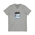 Law of the Paw® design with a cat napping on the logo on a V-neck t-shirt in athletic heather grey, front view – Kate Spain design
