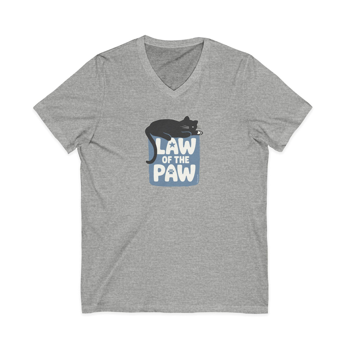 Law of the Paw® design with a cat napping on the logo on a V-neck t-shirt in athletic heather grey, front view – Kate Spain design