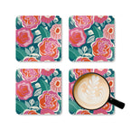 Tea Rose cork-backed coaster set of four, magenta, pink and orange-red roses on deep teal, four coasters with a latte mug – Kate Spain design