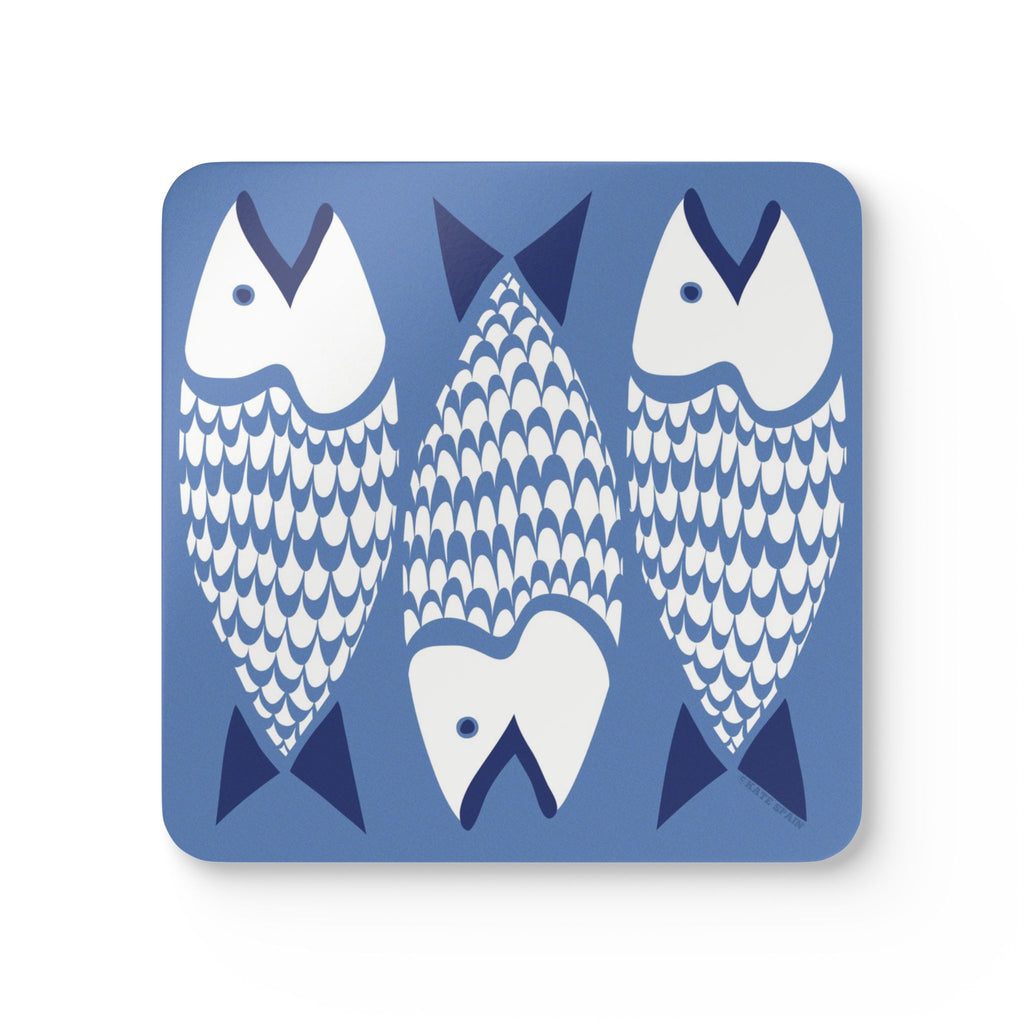 Catch of the Day cork-backed coaster, white and navy stylized fish on periwinkle blue, single coaster, top view – Kate Spain design