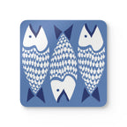 Catch of the Day cork-backed coaster, white and navy stylized fish on periwinkle blue, single coaster, top view – Kate Spain design
