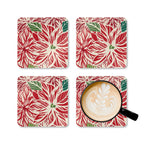 Poinsettia cork-backed coaster set of four, oversized red and cream poinsettia with forest green leaves, four coasters with a latte mug – Kate Spain design