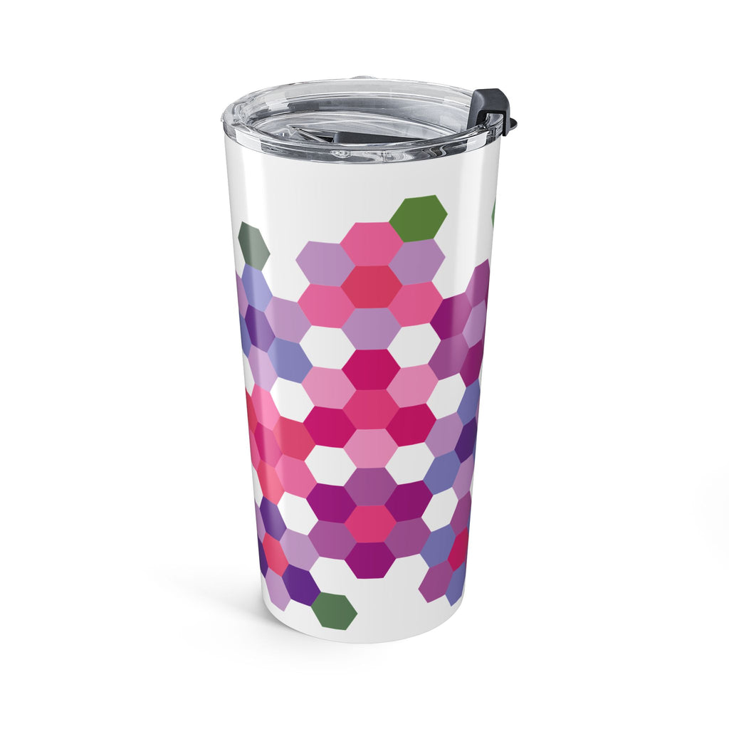 20 oz stainless steel tumbler wrapped in Pink GeoFlora hexagon flowers, angled view – Kate Spain design for Pat Sloan