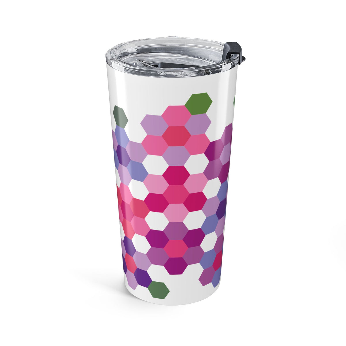 20 oz stainless steel tumbler wrapped in Pink GeoFlora hexagon flowers, angled view – Kate Spain design for Pat Sloan