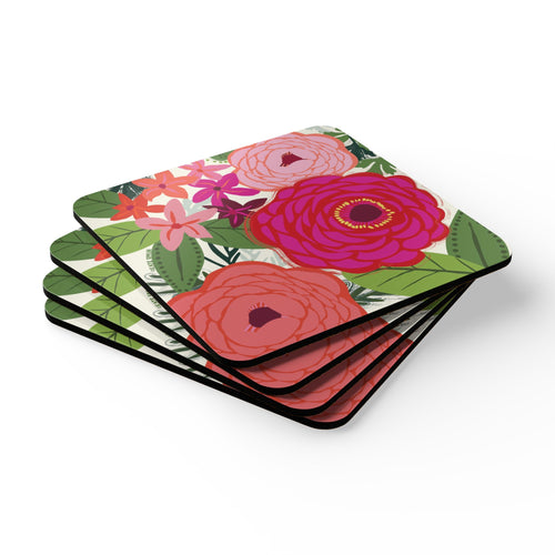 Buttercup cork-backed coaster set of four, ranunculus and peonies in magenta, coral and blush with bright star blooms on cream, stacked set, angled view – Kate Spain design