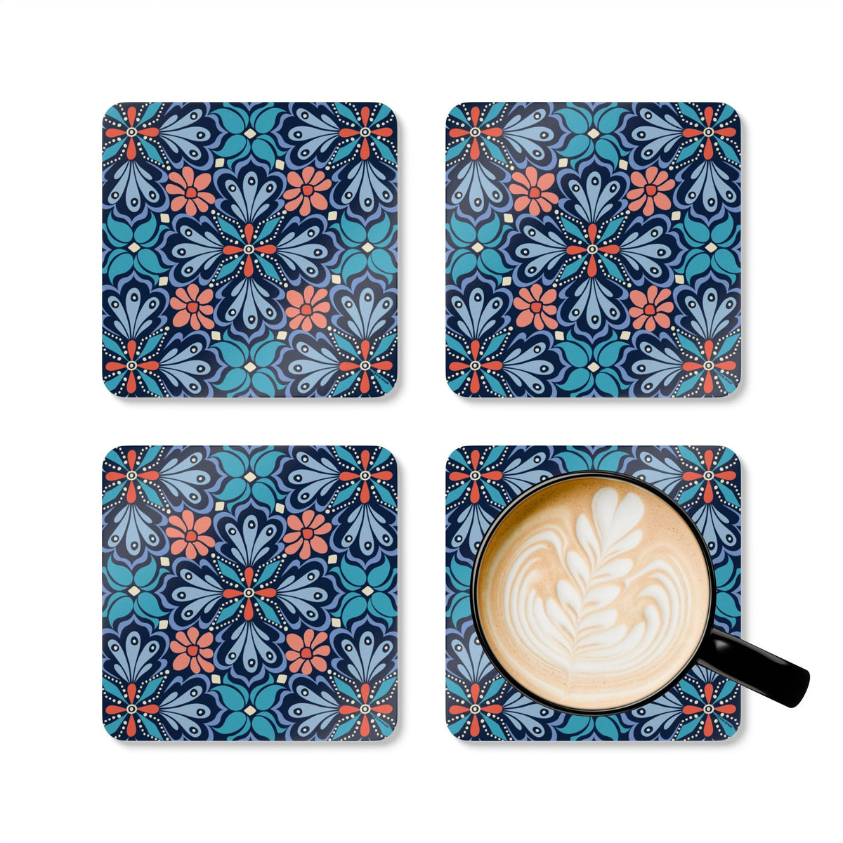 Bolero cork-backed coaster set of four, navy, teal and periwinkle fan medallions with coral daisy centers, four coasters with a latte mug – Kate Spain design