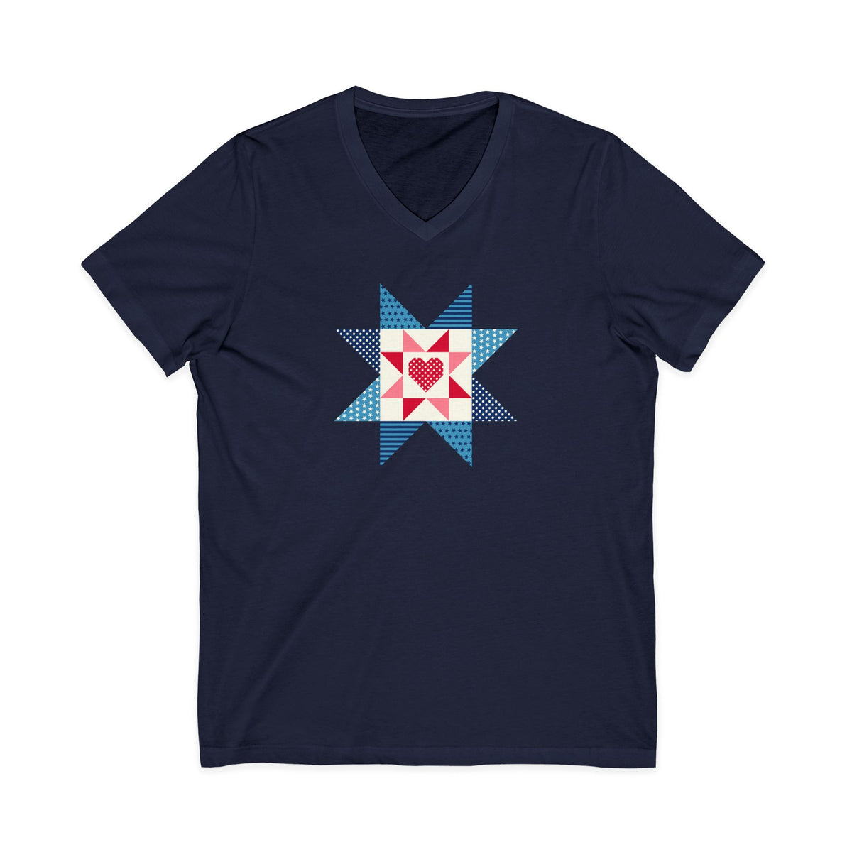 Liberty Love star quilt block with a heart in red, white and blue on a V-neck t-shirt in navy, front view – Kate Spain design for Pat Sloan