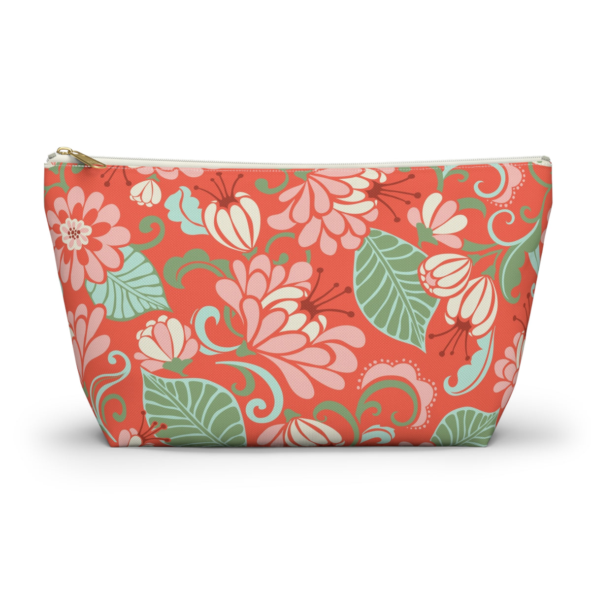 A zippered cosmetic pouch featuring a vibrant coral red background with a retro floral pattern in pink, sage green, and light blue, shown on a clean white background.