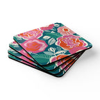 Tea Rose cork-backed coaster set of four, magenta, pink and orange-red roses on deep teal, stacked set, angled view – Kate Spain design