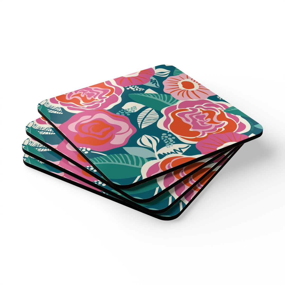 Tea Rose cork-backed coaster set of four, magenta, pink and orange-red roses on deep teal, stacked set, angled view – Kate Spain design