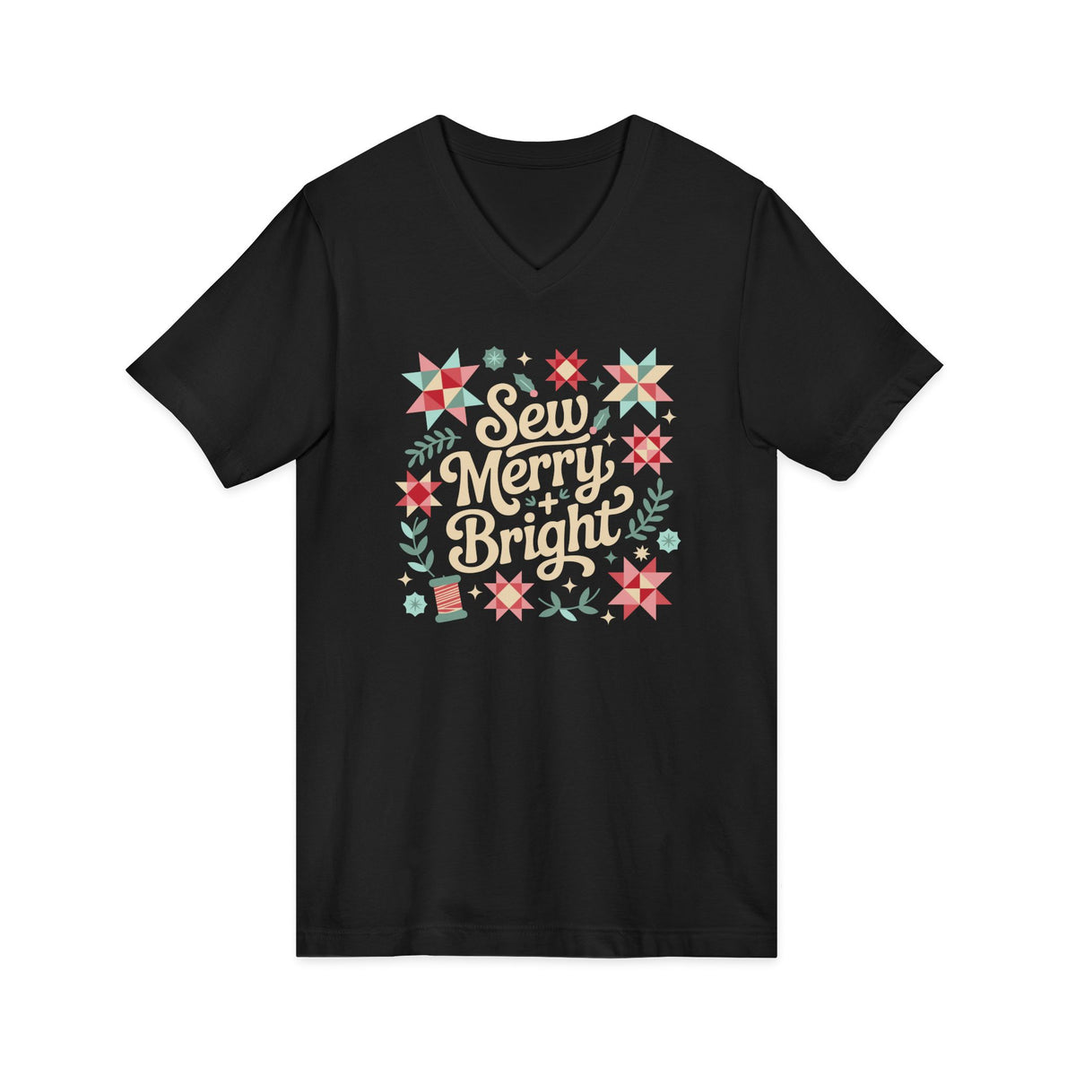 Sew Merry + Bright lettering with quilt-block stars, holly and a thread spool on a V-neck t-shirt in black, front view – Kate Spain design for Pat Sloan